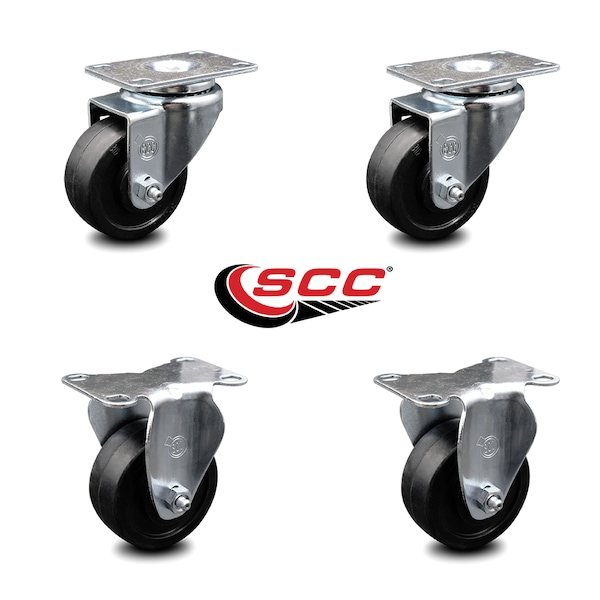 3 Inch Soft Rubber Wheel Swivel Top Plate Caster Set with 2 Rigid
